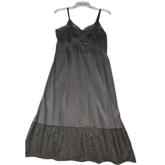 Vanity Fair Other - Vintage Black Lace Trim Full Slip Nightgown Adjustable Straps Bow Coquette Girl